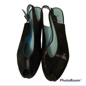 THIERRY RABOTIN SHOES SLINGBACK PEEP TOE HEELS BLACK TEXTURED LEATHER ITALY